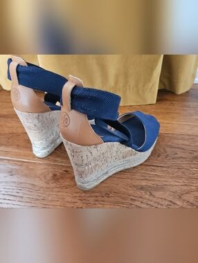 Tory Burch Navy Canvas and Tan Leather Wedge Espadrilles 7.5